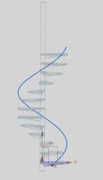 Modelo 3D de la escalera de caracol: estructura de peldaños alrededor del eje central